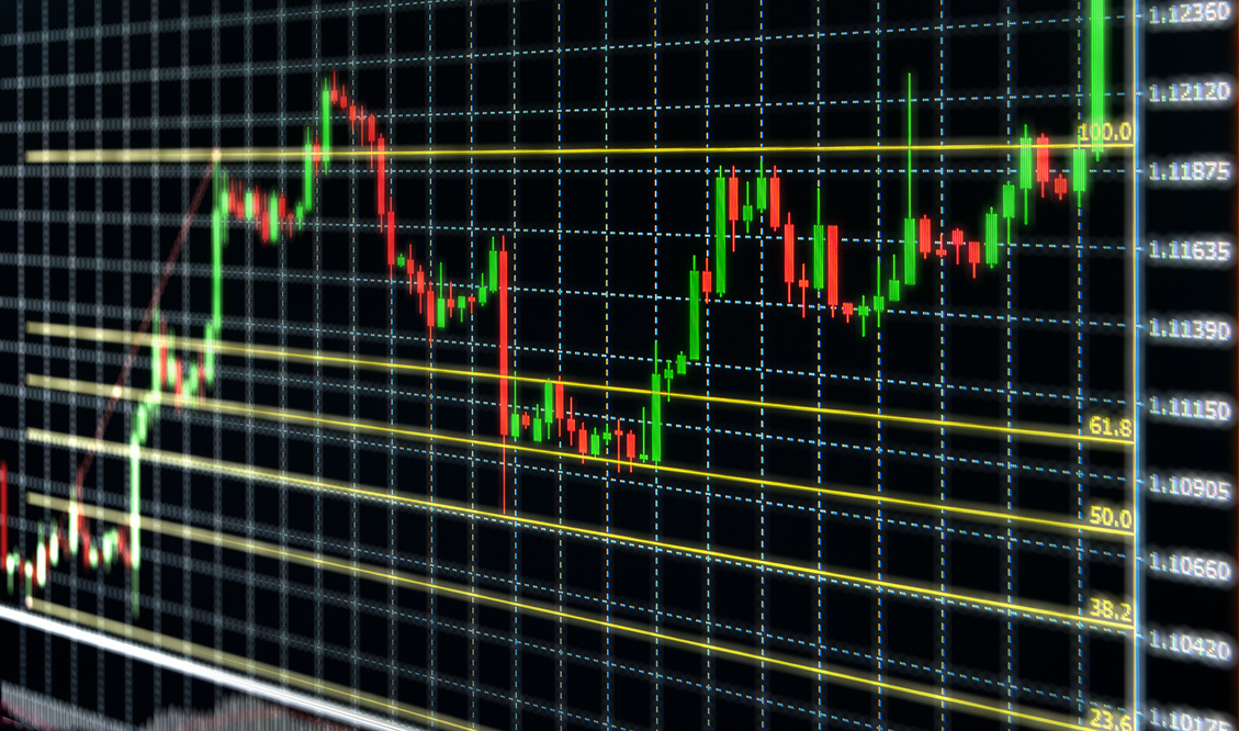 stock chart with Fibonacci retracement indicator in monitor investment concept